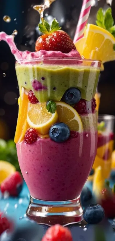 Vibrant fruit smoothie splash with strawberries, blueberries, and citrus.