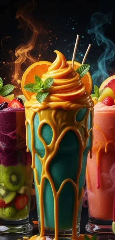Artistic display of vibrant fruit smoothies with vivid colors.