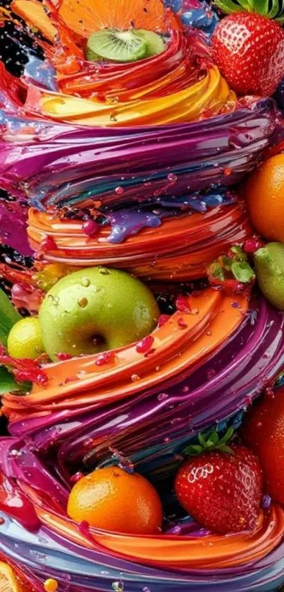 Vibrant mobile wallpaper with colorful fruit splash art.