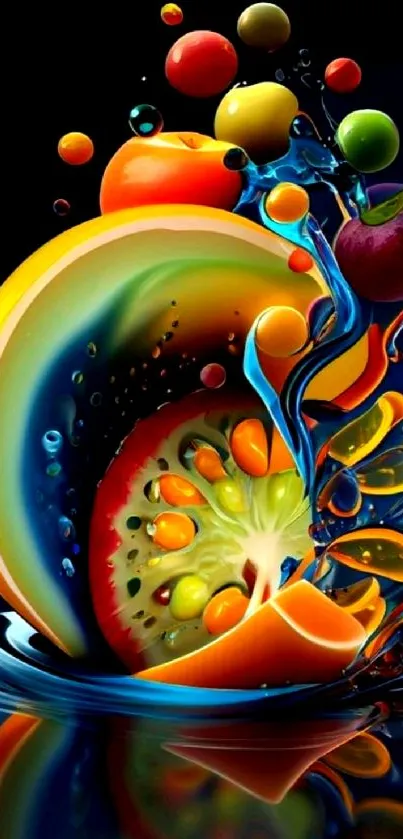Vibrant fruit splash with colorful design on dark background.