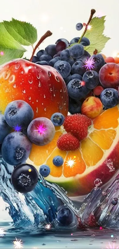 Colorful fruits splashing in water on a mobile wallpaper.