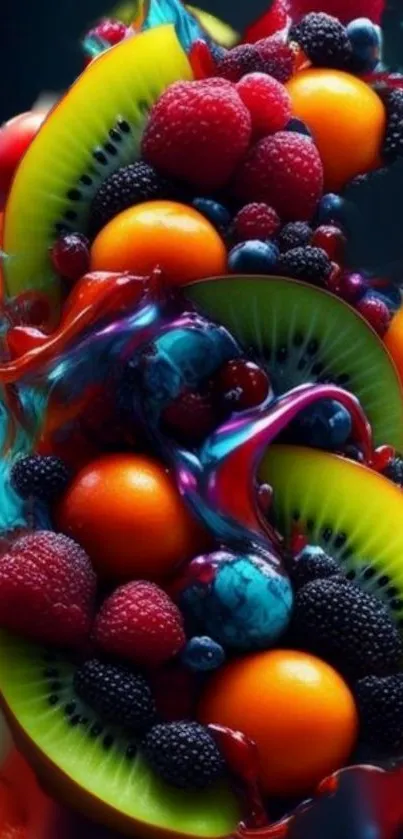 Vivid mobile wallpaper with splashing colorful fruits.