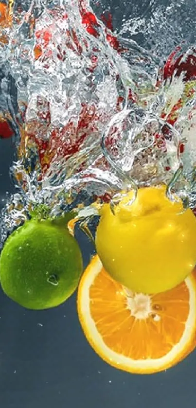 Vibrant fruits splash underwater in a colorful and refreshing scene.