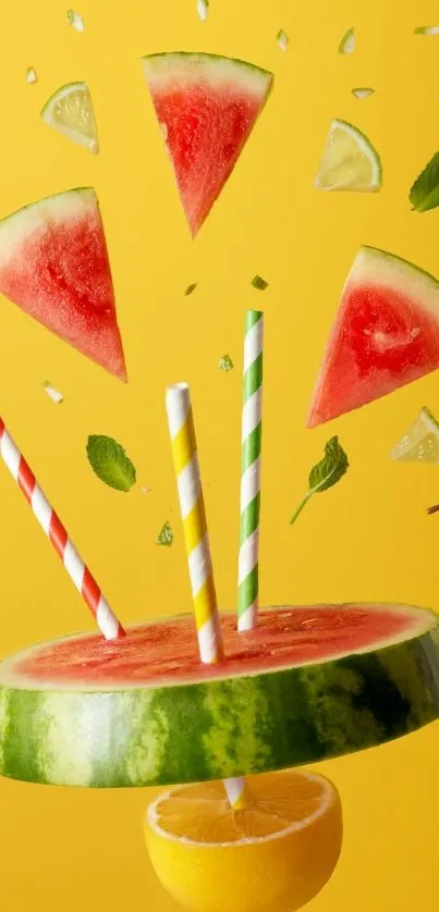 Vibrant mobile wallpaper with watermelon, lemon, and straws on yellow background.