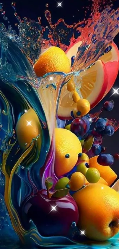 Colorful fruit splash wallpaper with vibrant design and dynamic style.