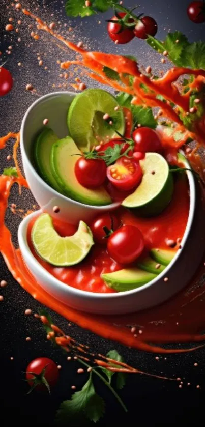 Vibrant fruit splash with avocados, tomatoes, and limes.