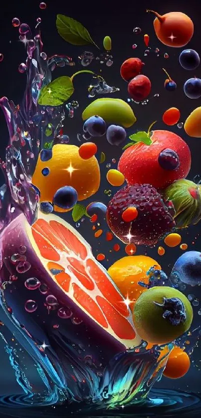 Vibrant mobile wallpaper with colorful fruit splash and water droplets.