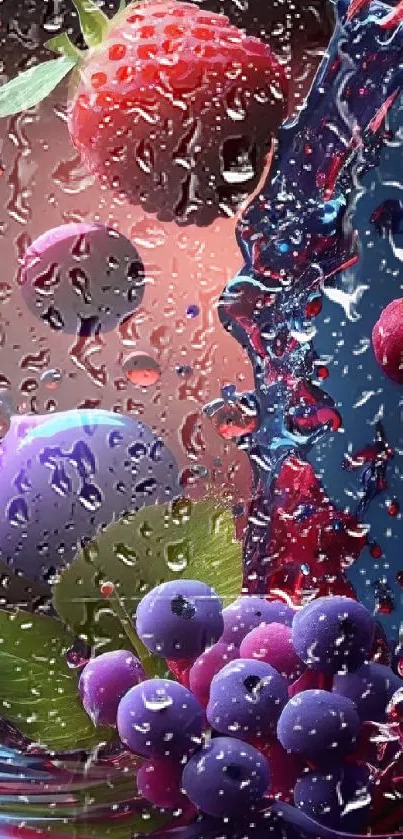 Vibrant fruit splash with colorful berries and dynamic water elements.