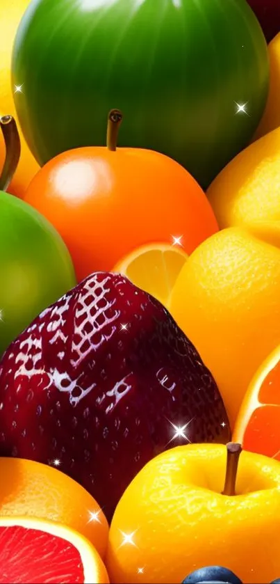Colorful assortment of fresh fruits on a vibrant mobile wallpaper.