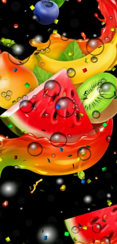 Vibrant fruit splash with colorful juices on a black background.