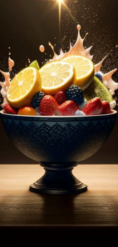 A vibrant splash of fruits with oranges, berries, and kiwi exploding in a blue bowl.