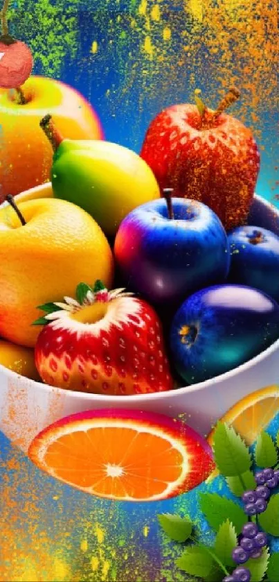 Colorful fruit mix in vibrant splash design wallpaper.