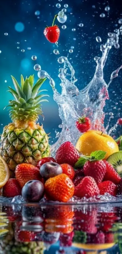 Colorful fruits with water splash in vibrant background.