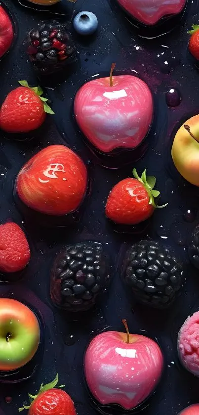 A vibrant, colorful display of fruit with berries and apples on a dark background.