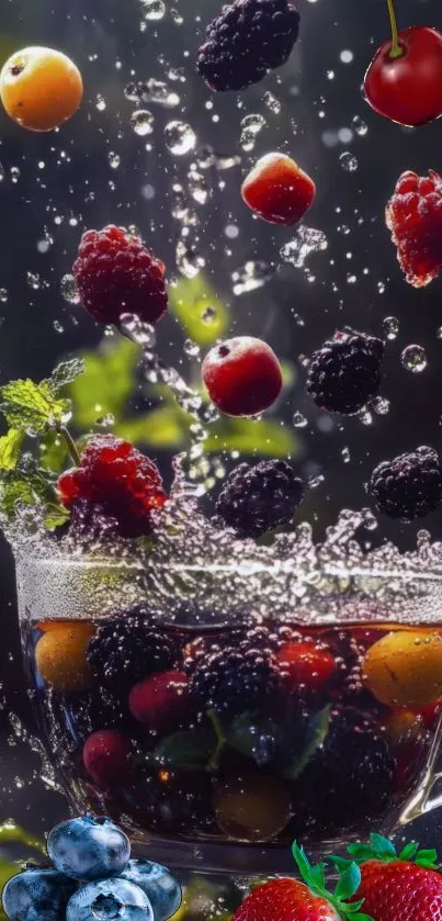 Colorful fruit splash with berries and cherries in a glass.