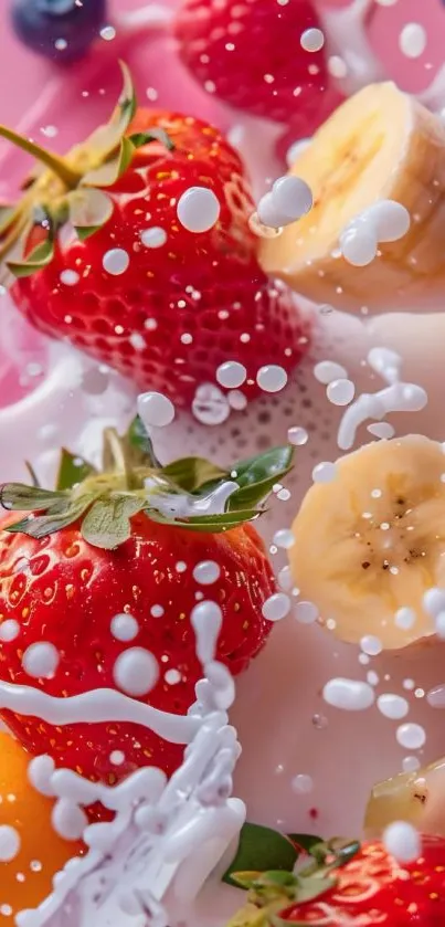 Splashing strawberries and bananas with milk