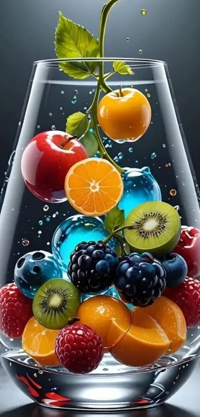 Vibrant fruits splashing inside a glass.