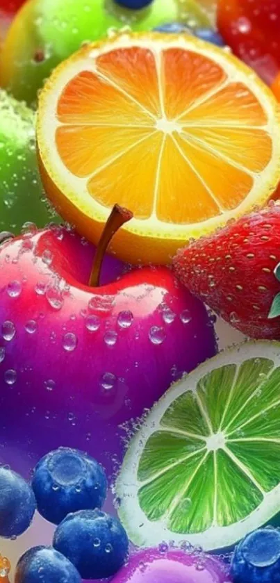 Colorful fruit wallpaper with water droplets