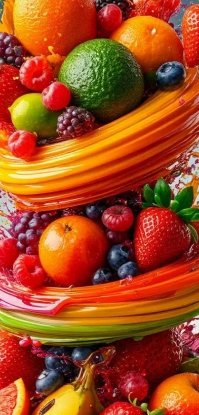 Vibrant fruit splash with oranges and berries.