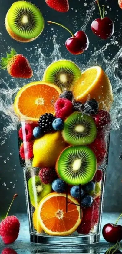 Vibrant splash of mixed fruits in glass.
