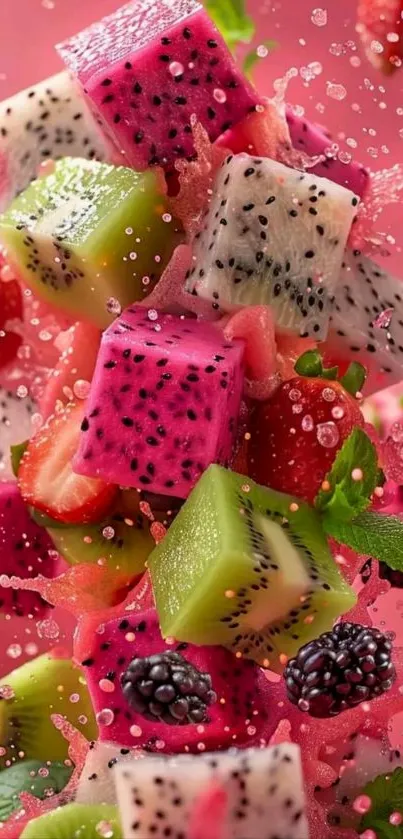 Vibrant fruit splash with pink background featuring exotic fruit cubes.