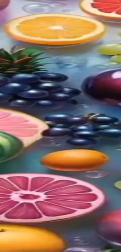 Colorful fruits wallpaper with oranges and grapes.