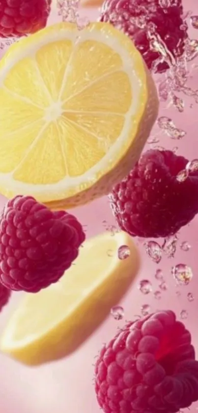 Lemon and raspberry splash on pink background.