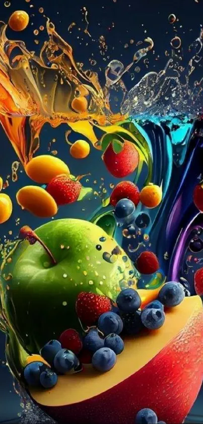 Dynamic fruit splash with vibrant colors and fruits submerged in liquid.