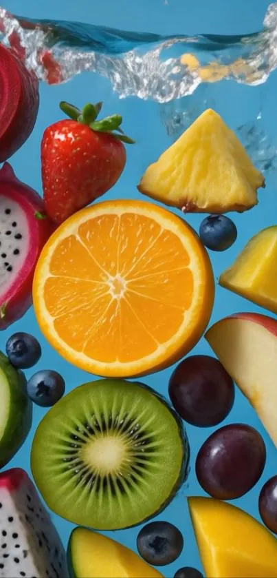 Vibrant tropical fruit splash wallpaper with water