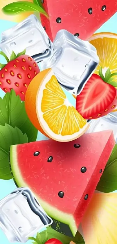 Vibrant fruit collage with ice cubes and watermelon slices.