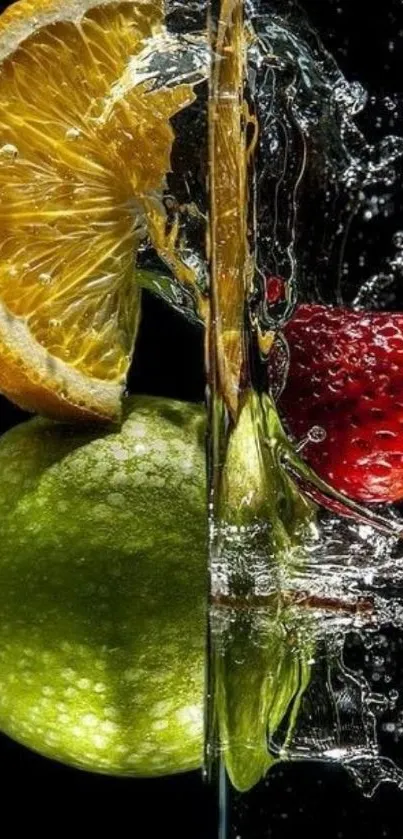 Vibrant fruits splashing in water on a phone wallpaper.