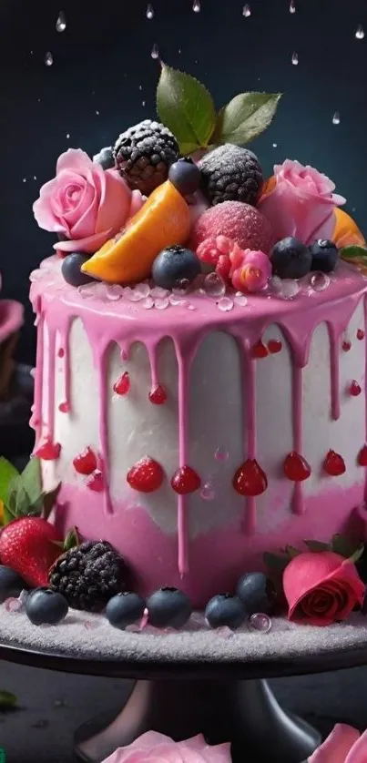 A pink-draped cake topped with fruits and flowers against a dark background.