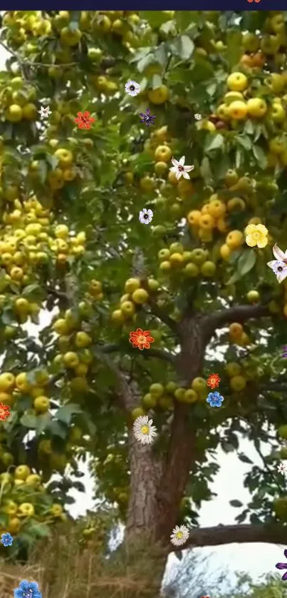 Abundant fruit tree with colorful flowers over lush green backdrop