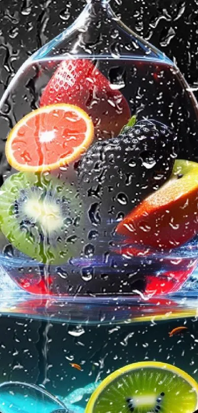 Vibrant artwork of fruits splashing in water, perfect for wallpaper.