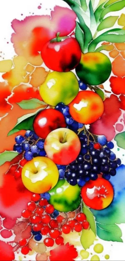 Vibrant watercolor of colorful fruits for mobile wallpaper.