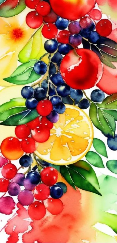 Vibrant watercolor wallpaper with fruits and leaves in red, orange, and green hues.