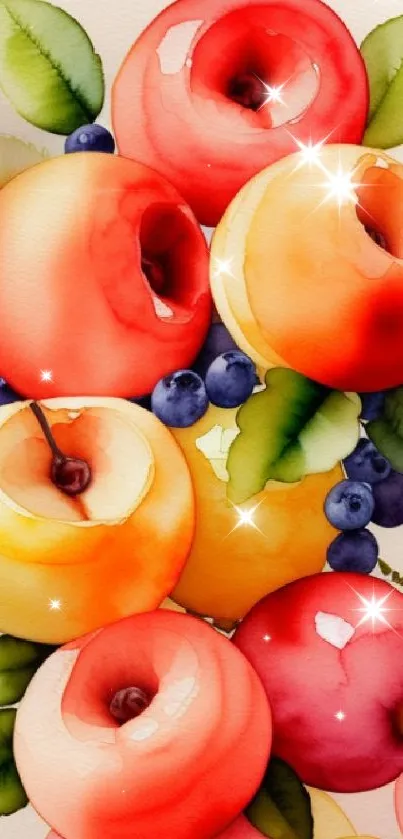 Watercolor fruits with apples and berries in vibrant hues.