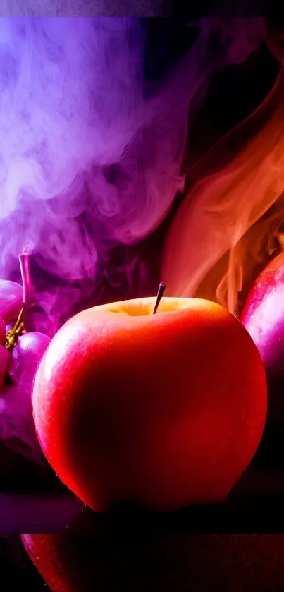 Dynamic wallpaper of vivid fruits in colorful smoke.