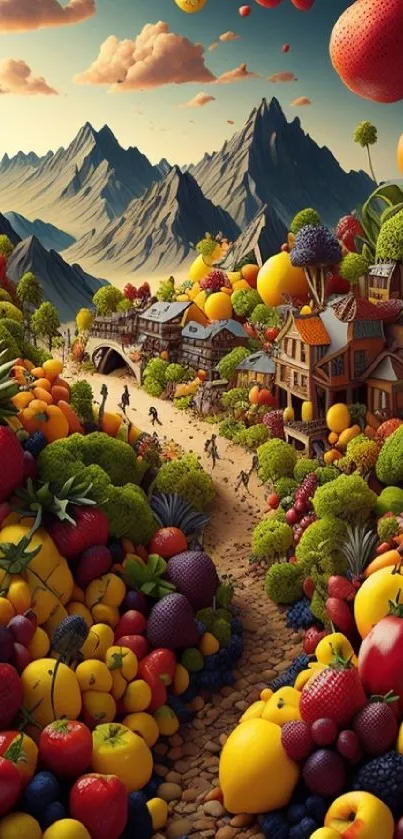Vibrant fruit-filled landscape with mountains and village.