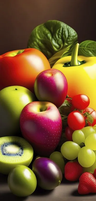 Vibrant fruits and vegetables wallpaper with apples, grapes, tomatoes, and peppers.