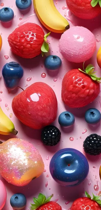 Colorful glossy fruits in vibrant arrangement.