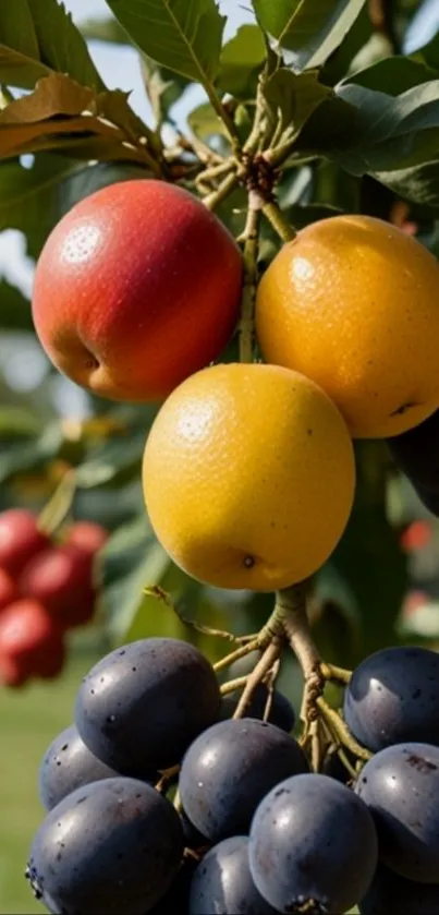 Vibrant fruits hanging on a tree branch.