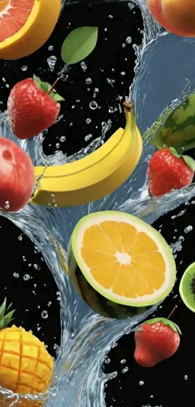 Vibrant fruits splash on dark background.