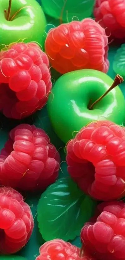 Vibrant green apples and red raspberries on a wallpaper.