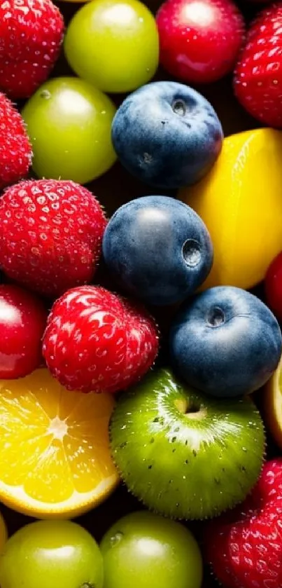 Colorful assortment of fresh berries and citrus fruits.