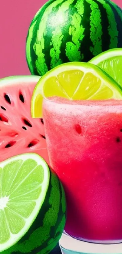 Vibrant pink wallpaper with watermelon and lime slices.