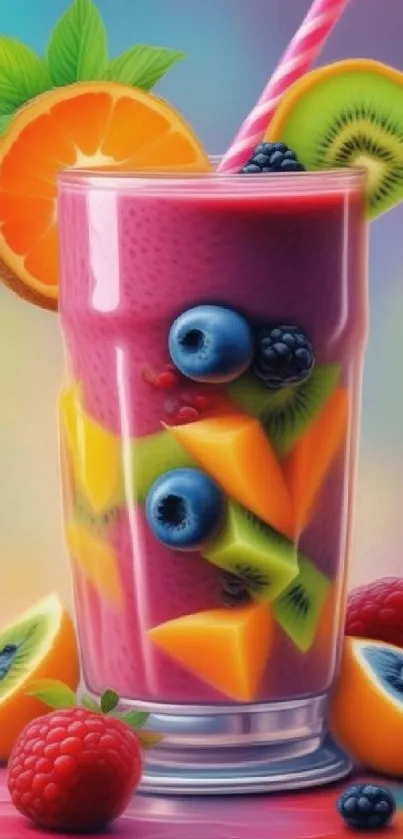 Colorful smoothie with fresh fruits as a vibrant phone wallpaper.