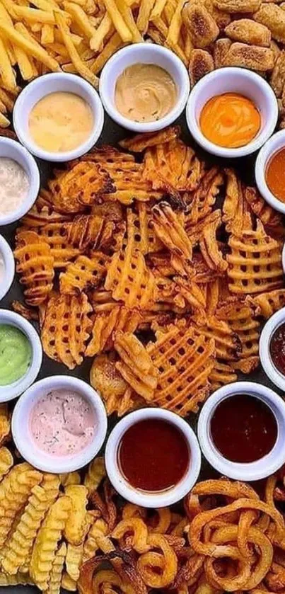 Colorful assortment of fries and dips platter.