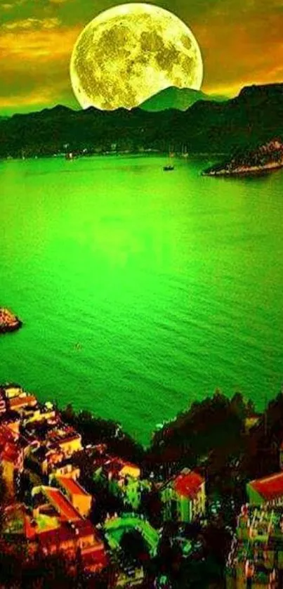 Vibrant green lake under a glowing full moon with mountains.