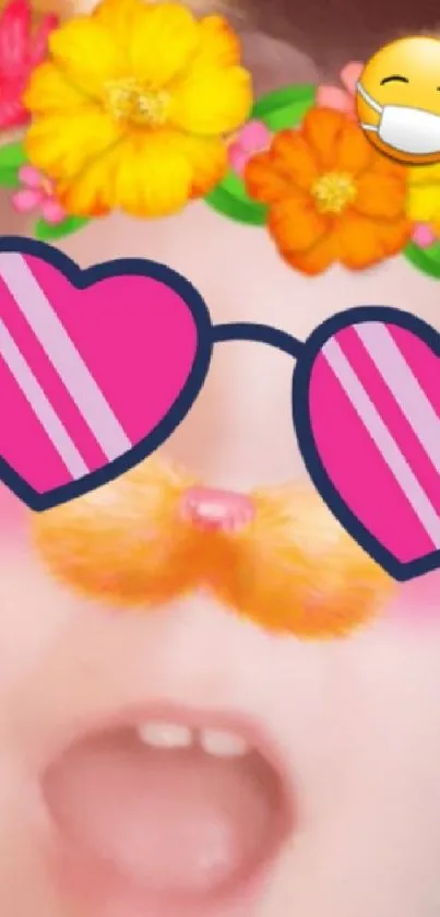 Playful cat filter with floral accents on mobile wallpaper.